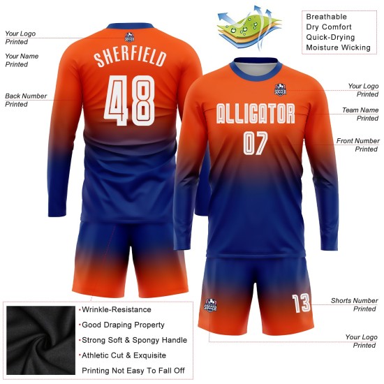 Maillot de football personnalisé à manches longues, orange, blanc et bleu royal, par sublimation