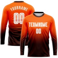 Maillot de football personnalisé à manches longues, imprimé par sublimation, orange, blanc et marron, à la mode Maillot de football personnalisé à manches longues, imprimé par sublimation, orange, blanc et marron, à la mode