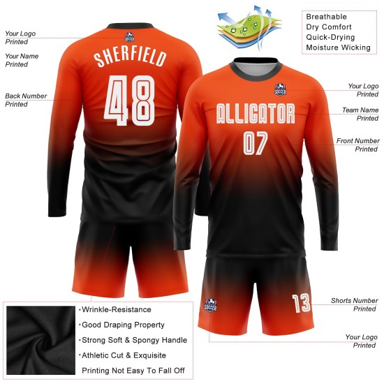 Maillot de football personnalisé à manches longues, orange, blanc et noir, imprimé par sublimation