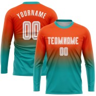 Maillot de football personnalisé à manches longues, imprimé par sublimation, orange, blanc et turquoise Maillot de football personnalisé à manches longues, imprimé par sublimation, orange, blanc et turquoise