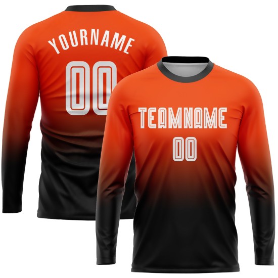 Maillot de football personnalisé à manches longues, orange, blanc et noir, imprimé par sublimation