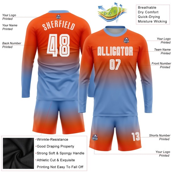 Maillot de football personnalisé à manches longues, orange, blanc et bleu clair, imprimé par sublimation