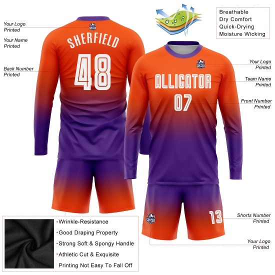 Maillot de football personnalisé à manches longues, imprimé par sublimation, orange, blanc et violet