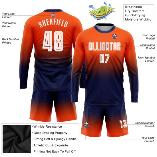 Maillot de football personnalisé à manches longues, orange, blanc et bleu marine, imprimé par sublimation
