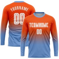 Maillot de football personnalisé à manches longues, orange, blanc et bleu clair, imprimé par sublimation Maillot de football personnalisé à manches longues, orange, blanc et bleu clair, imprimé par sublimation