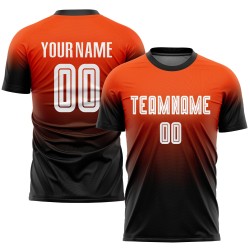 Maillot de football personnalisé orange, blanc et noir, effet dégradé par sublimation Maillot de football personnalisé orange, blanc et noir, effet dégradé par sublimation