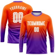 Maillot de football personnalisé à manches longues, imprimé par sublimation, orange, blanc et violet Maillot de football personnalisé à manches longues, imprimé par sublimation, orange, blanc et violet