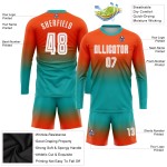 Maillot de football personnalisé à manches longues, imprimé par sublimation, orange, blanc et turquoise