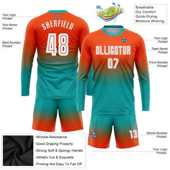 Maillot de football personnalisé à manches longues, imprimé par sublimation, orange, blanc et turquoise