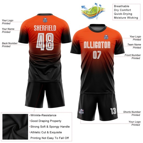 Maillot de football personnalisé orange, blanc et noir, effet dégradé par sublimation